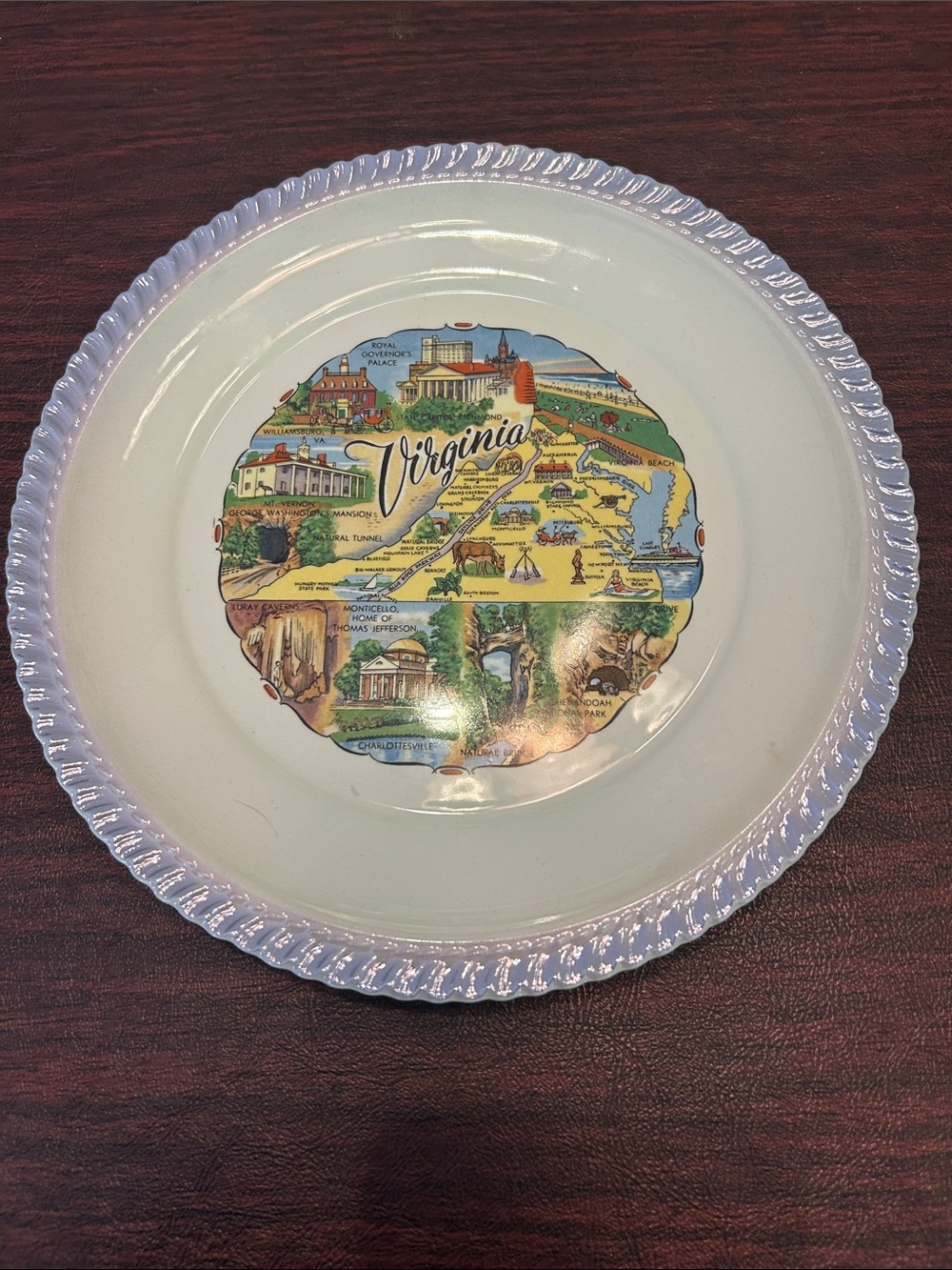 Virginia Decorative Souvenir Plate - White with Multicolor Map;Antique made 9/55